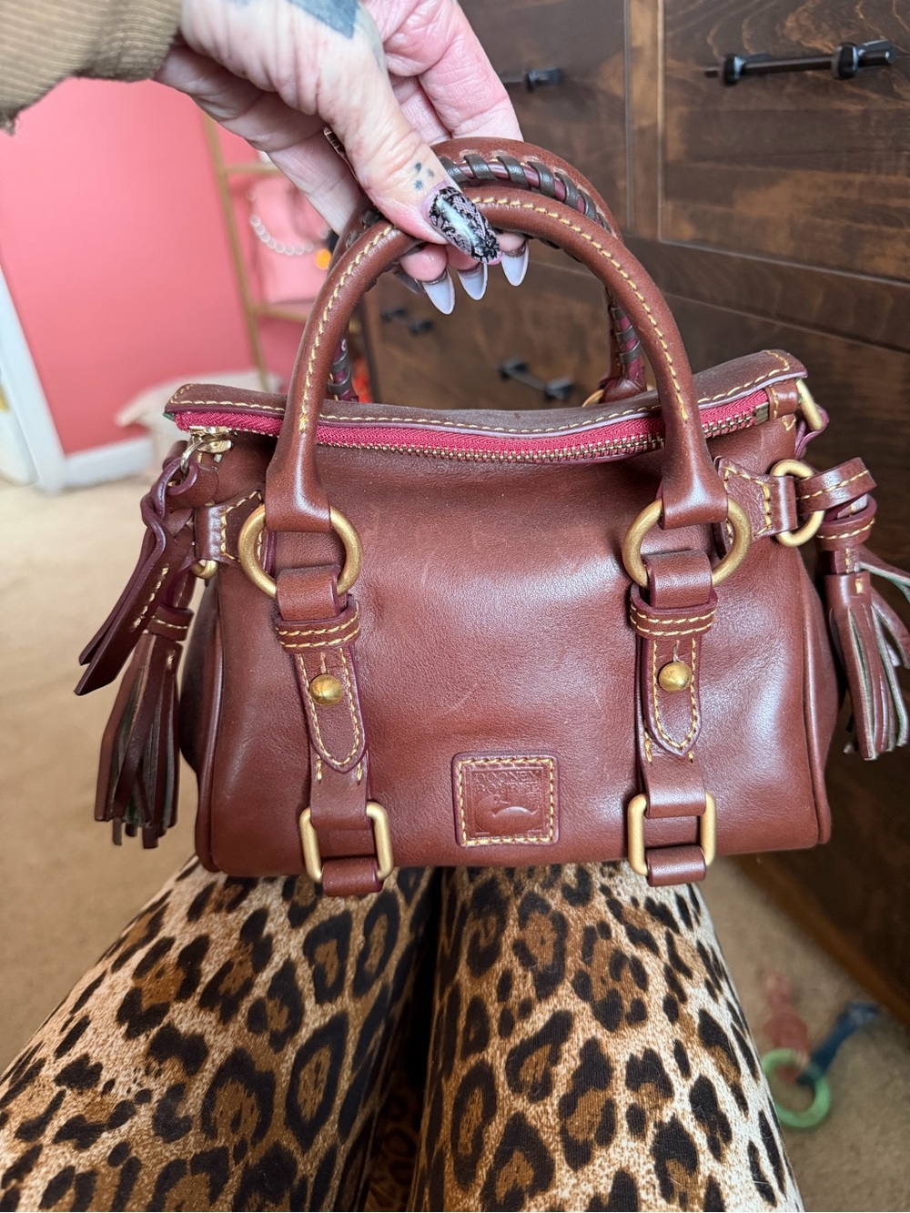 Leather Satchel Handbag in chestnut with Tassel Accents